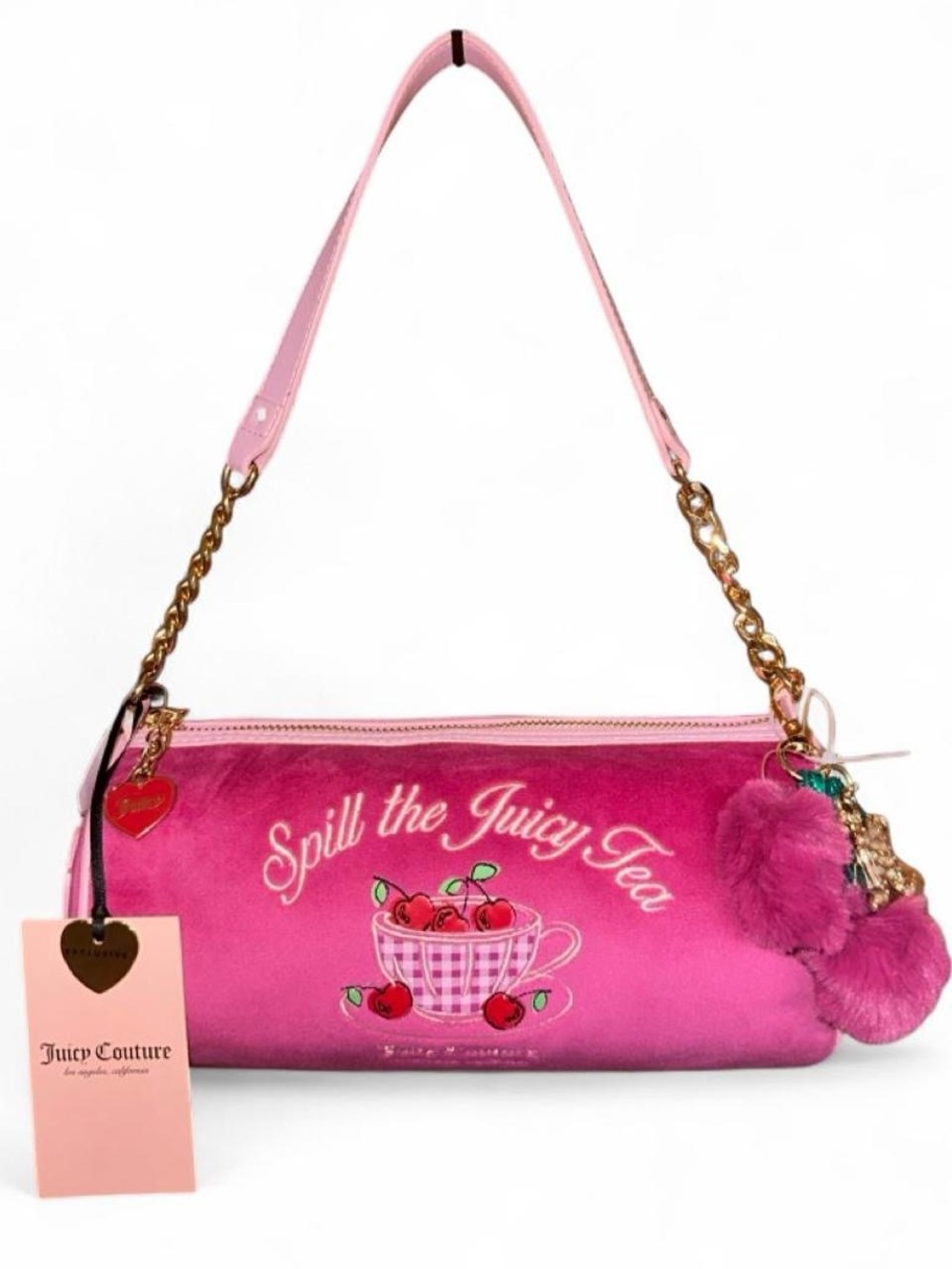 Juicy Couture “Sweet Tea Party” Barrel Shoulder Bag, raspberry tart